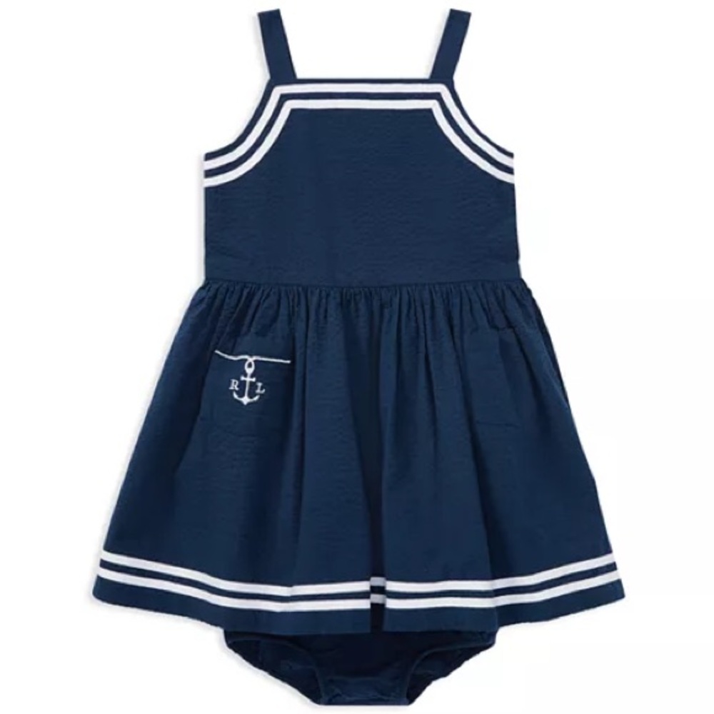 Ralph Lauren Baby Girl Cotton Seersucker Nautical Dress & Bloomers 0-3 months